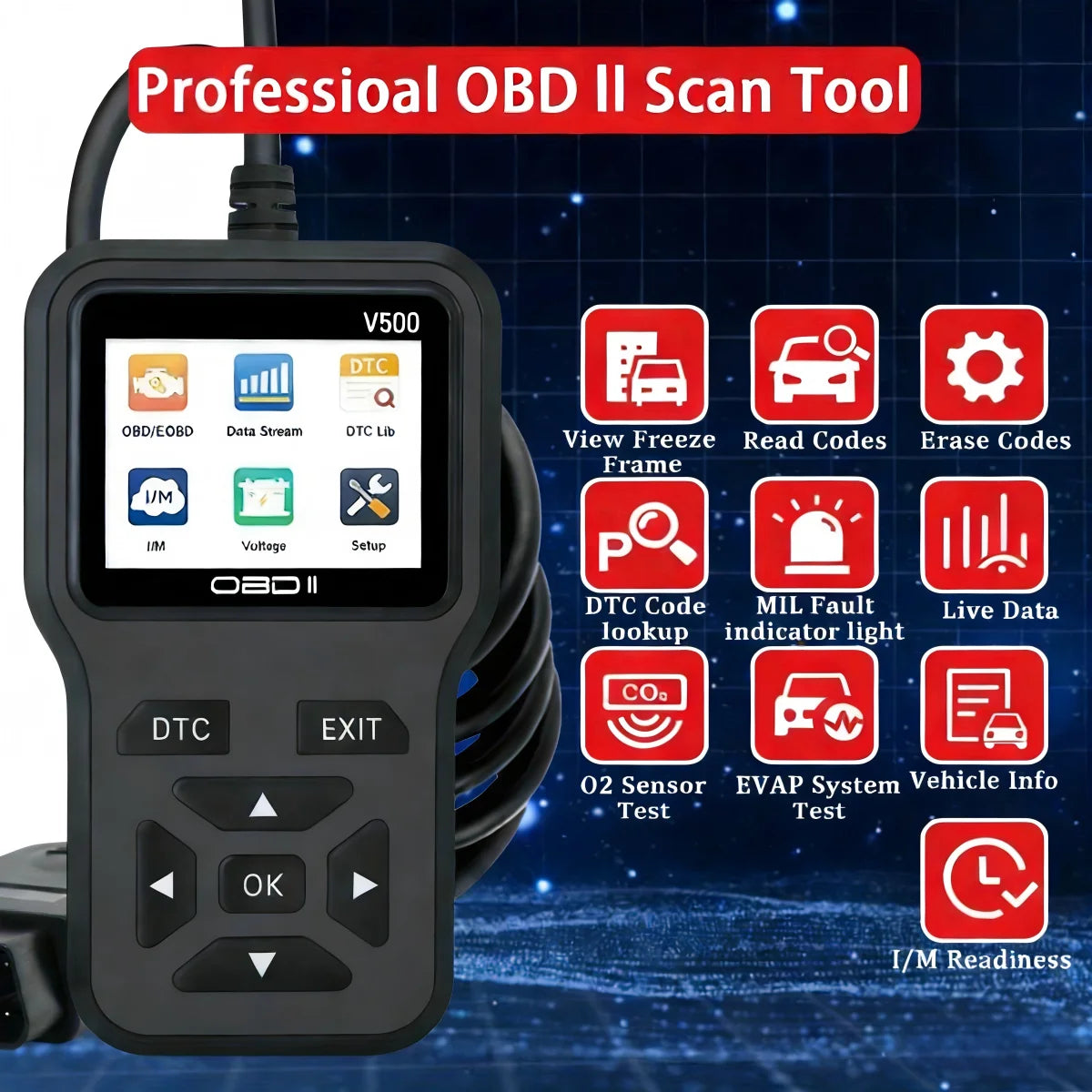 Obd2 Diagnostic Scanner with Functions of Reading and Erasing Fault Codes, Checking I/M Readiness, Vehicle Information, and Volt