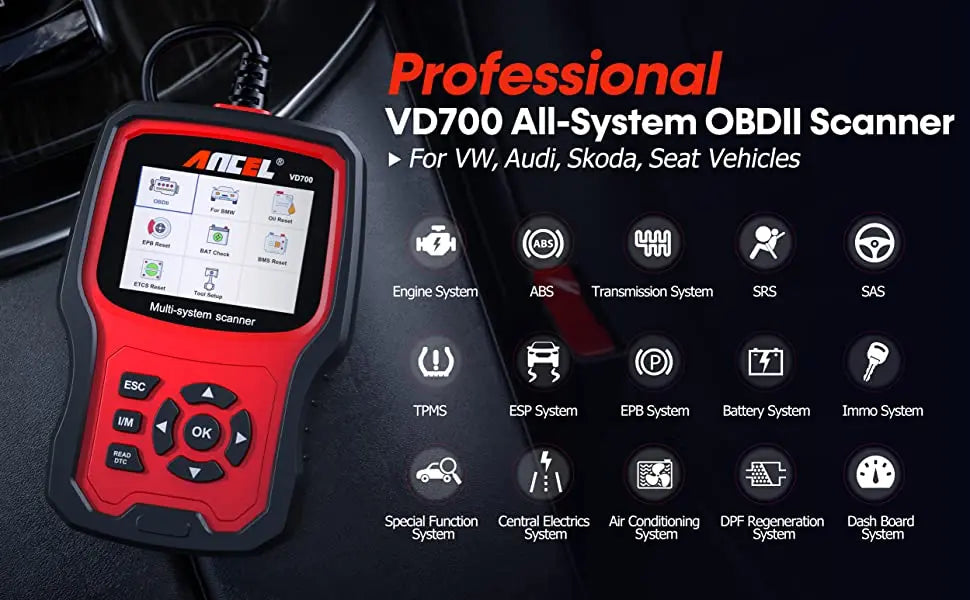 ANCEL VD700 Professional OBD2 Scanner for VW for Audi for Seat for Skoda Oil EPB SAS TPMS Reset Full System Code Reader