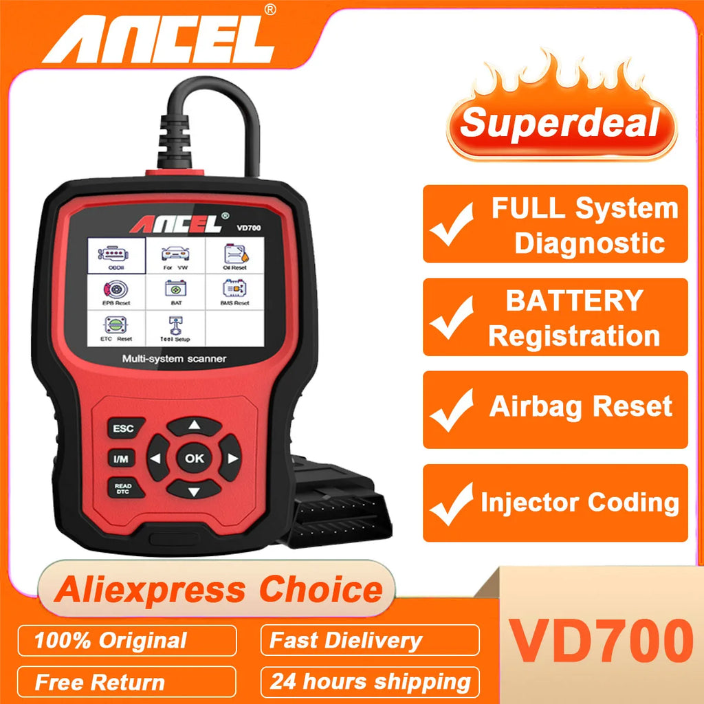 ANCEL VD700 Professional OBD2 Scanner for VW for Audi for Seat for Skoda Oil EPB SAS TPMS Reset Full System Code Reader