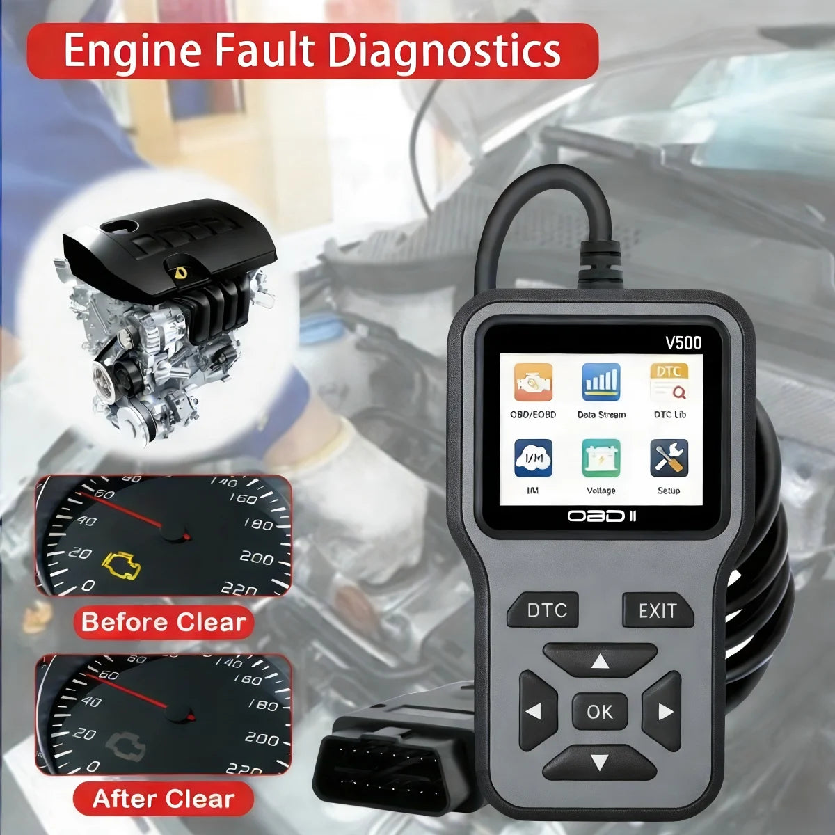 Obd2 Diagnostic Scanner with Functions of Reading and Erasing Fault Codes, Checking I/M Readiness, Vehicle Information, and Volt