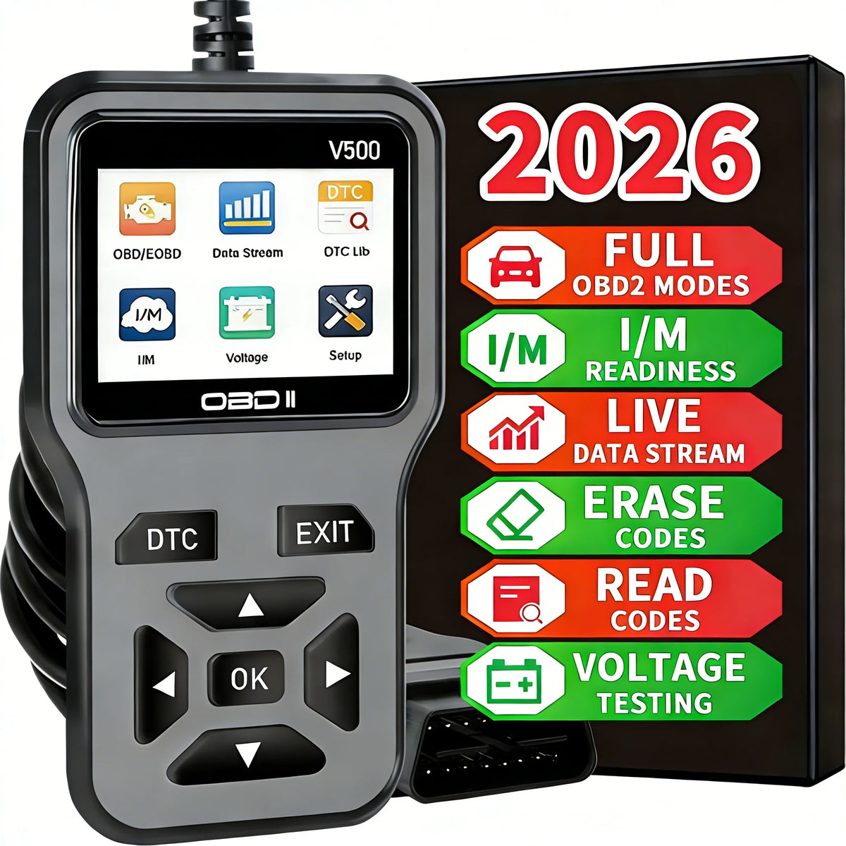 Obd2 Diagnostic Scanner with Functions of Reading and Erasing Fault Codes, Checking I/M Readiness, Vehicle Information, and Volt